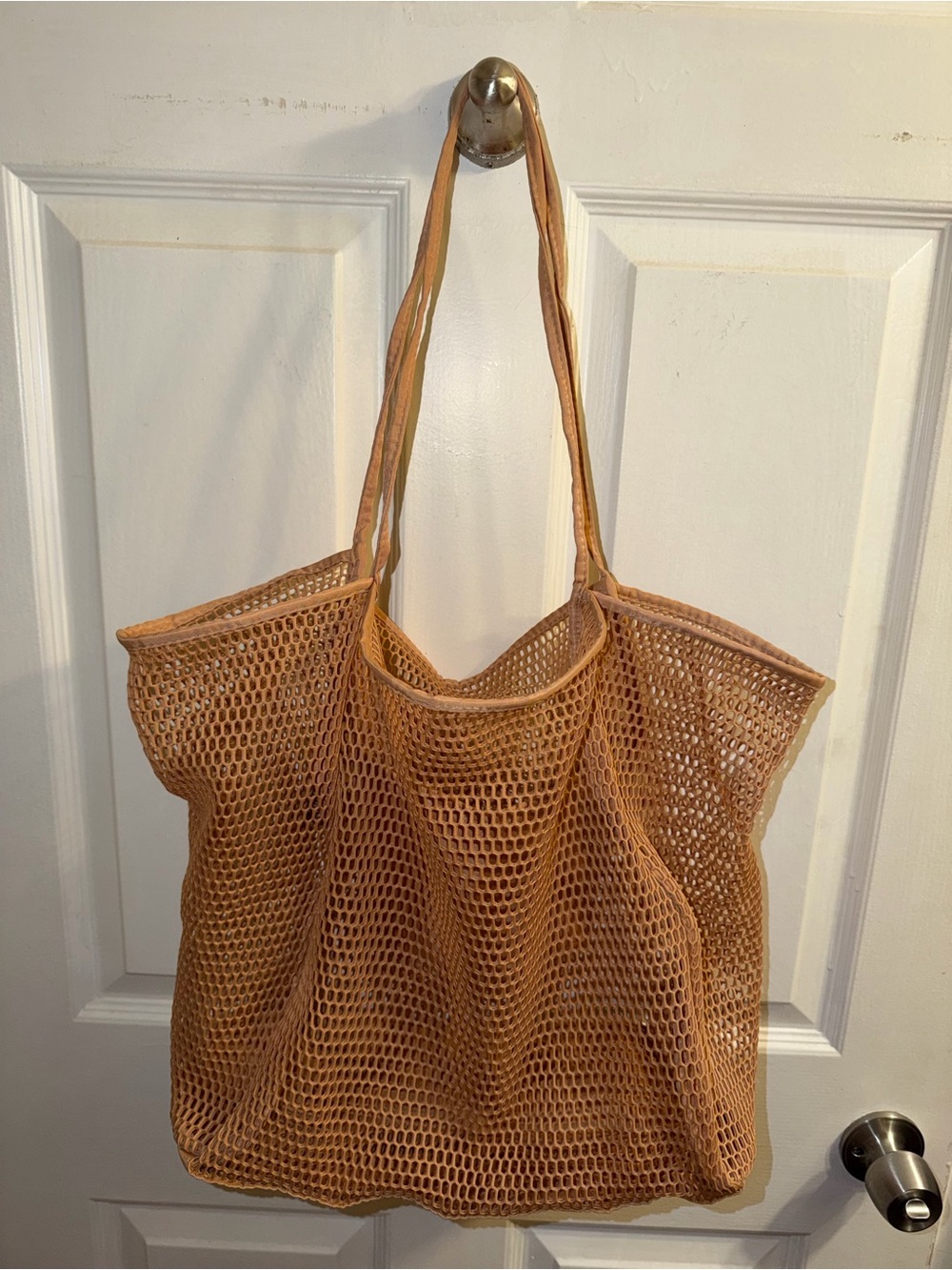 Tan Mesh Tote Bag with Long Shoulder Straps